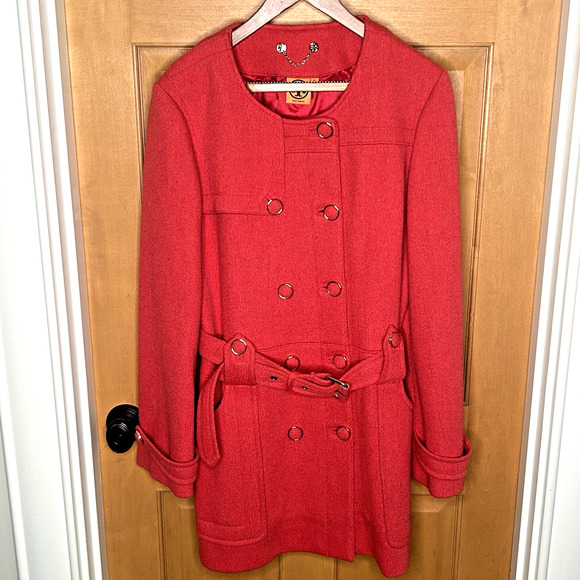 Tory Burch Wool Pea Coat XL Red Double Breasted Gold Buttons Belted Alek Jacket - Picture 1 of 12